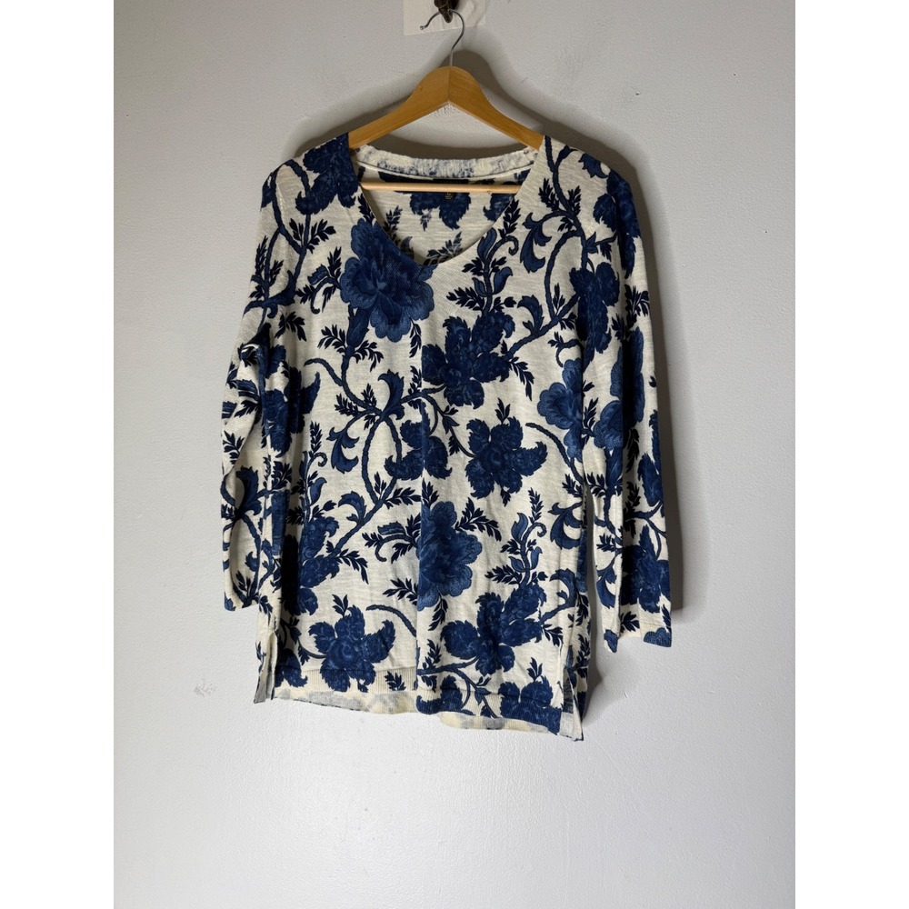Talbots Petite Blue White Floral Toile Cotton V-Neck Sweater Size LP